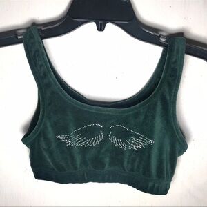 Emerald Green Velour Sports Bra Rhinestone Studded Angel Wings Soft Loungewear S